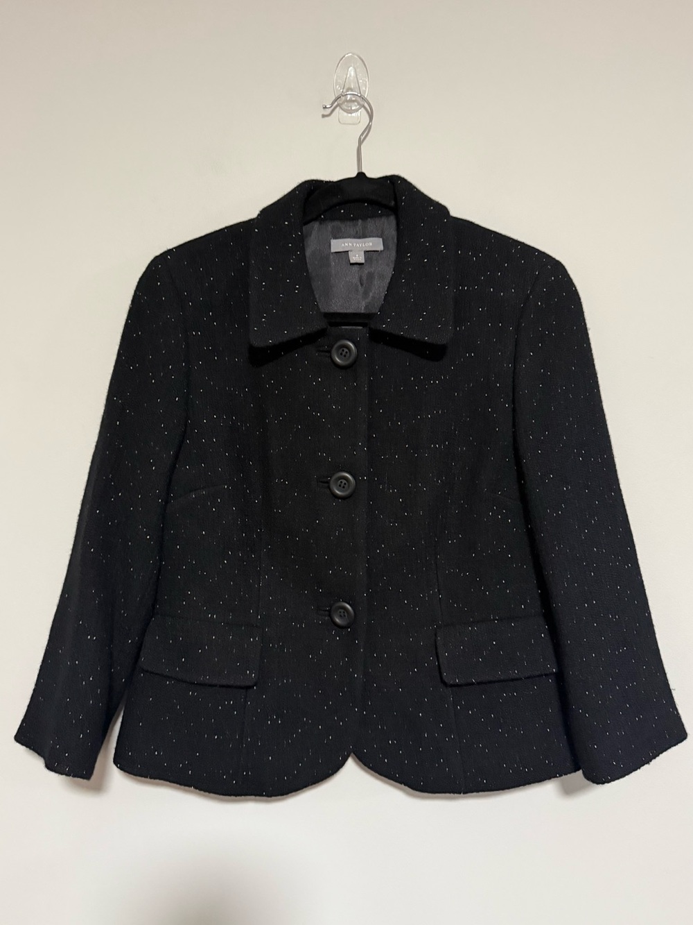 Ann Taylor Black Wool Blend Boucle Suit Jacket Blazer Size 8 Office Professional